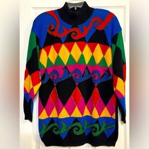 Vintage IB Diffusion 90s Funky Abstract Bright Multicolor Sweater Gold Trim Sz S